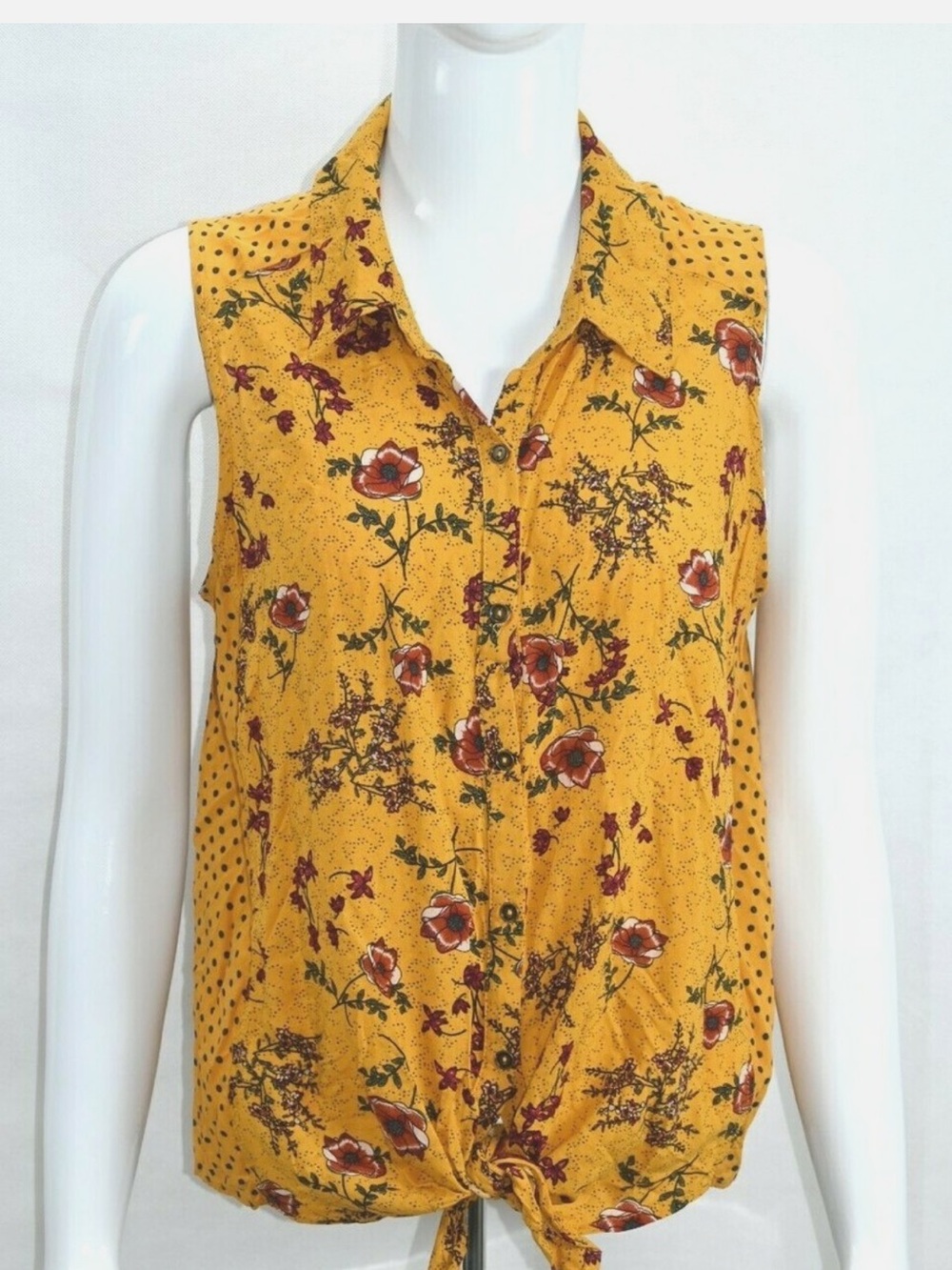 No Boundaries Mustard Floral Sleeveless Button-Up Blouse